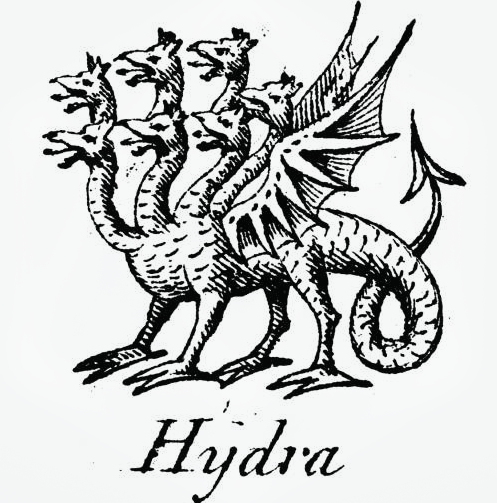 Antique woodcut of a seven-headed winged hydra