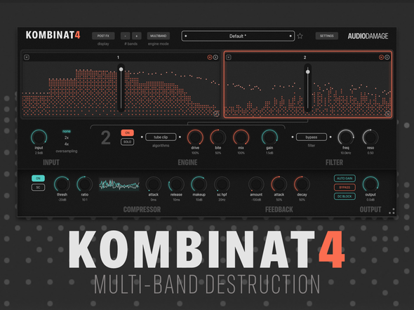 Kombinat4 plugin in two-band mode with the Multi-Band Destruction tagline