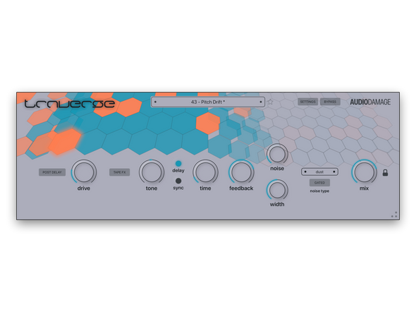 Audio Damage Traverse cassette tape delay plugin interface, showing the main panel with Drive, Wow, Flutter, Tone, Time, Feedback, Width, and Mix controls.