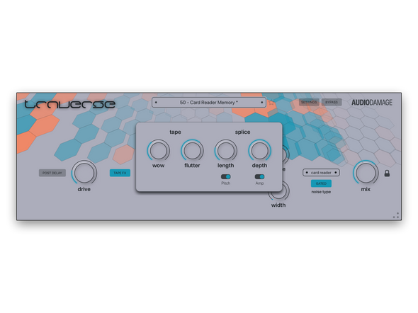 Audio Damage Traverse cassette tape delay plugin with the Tape FX panel open, showing the splice system and 9-voice curated noise generator controls.