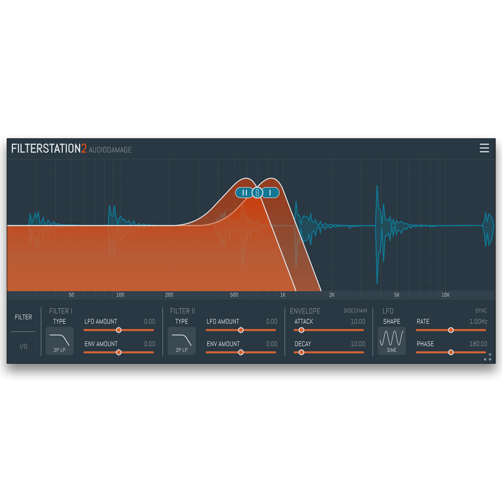 Audio Damage Filterstation 2 dual resonant filter plugin interface, showing the two filter sections, envelope follower, and LFO controls.