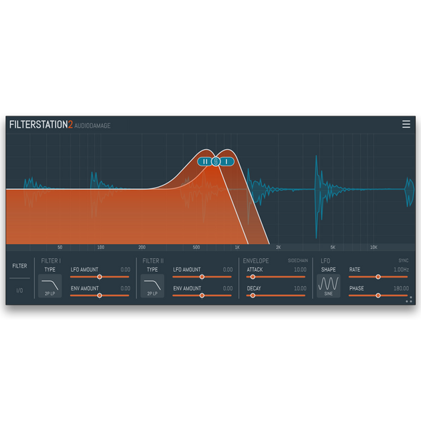 Audio Damage Filterstation 2 dual resonant filter plugin interface, showing the two filter sections, envelope follower, and LFO controls.